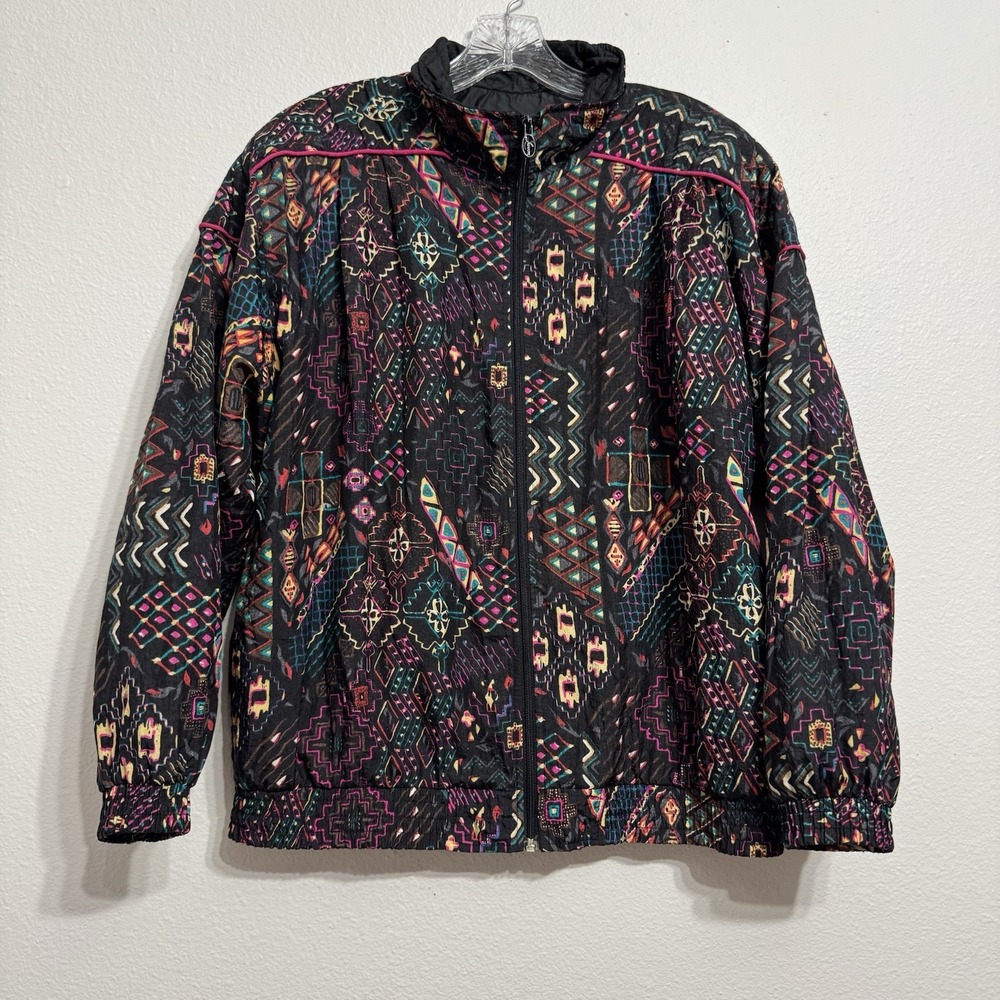 Lavon Black with Aztec‎ Pattern Long Sleeve Windbreaker Jacket Womens Size L